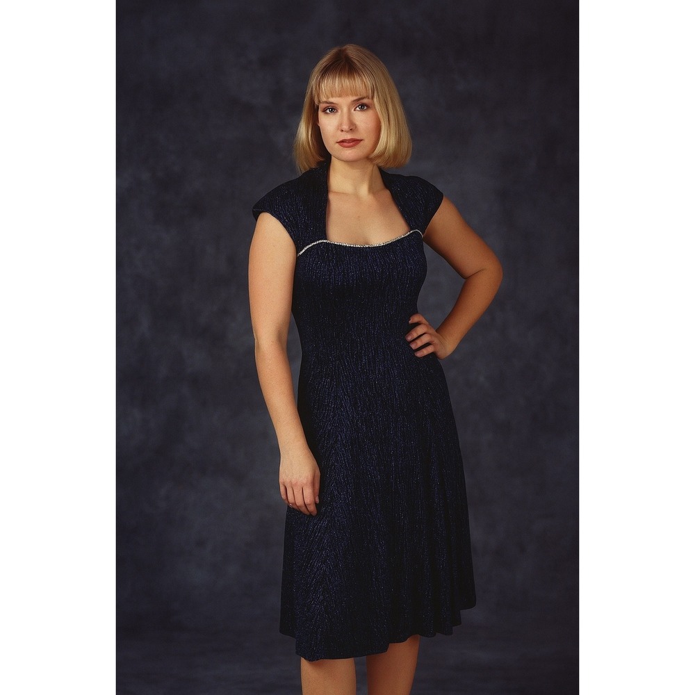 Vintage 90s Navy Shimmer Party Dress Women's Size 8 Metallic Evening Cocktail